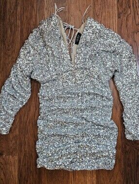 Sequin Ruched V-Neck Party Dress - Silver